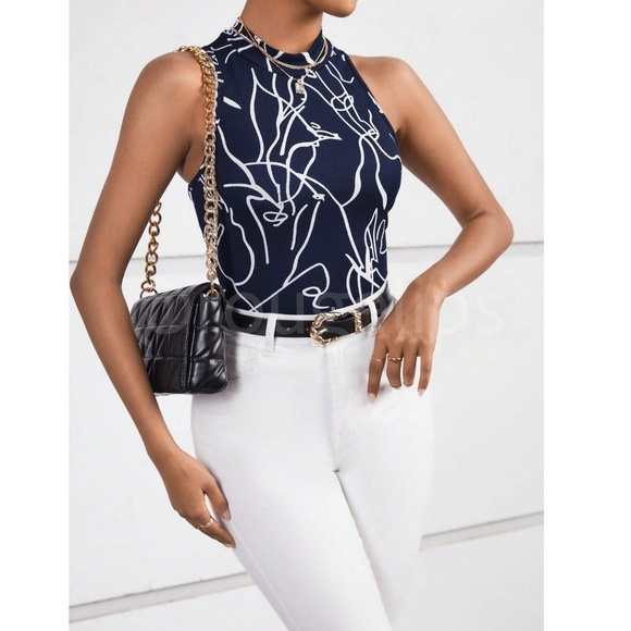 Abstract Face Print Navy Blue Sleeveless Top Slim Fit High Neck - Picture 5 of 8